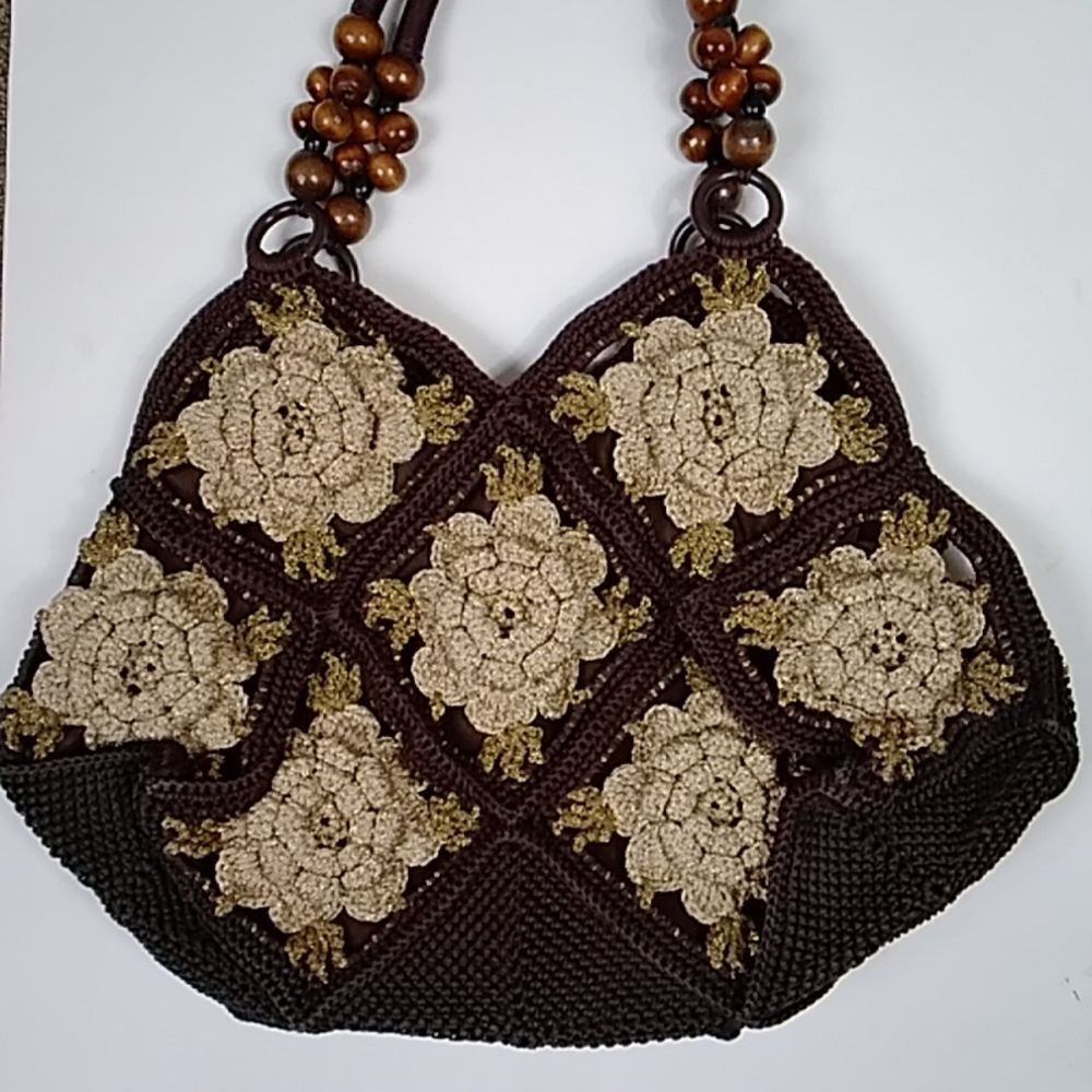 VTG, Crochet Style Retro Handmade Floral Handbag And Shoulder Bag Brown And Gold - Picture 7 of 14